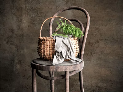 Woven Vase With Green Flowers Resting On Wooden Chair With Gray Cloth And Dark Background 3d model