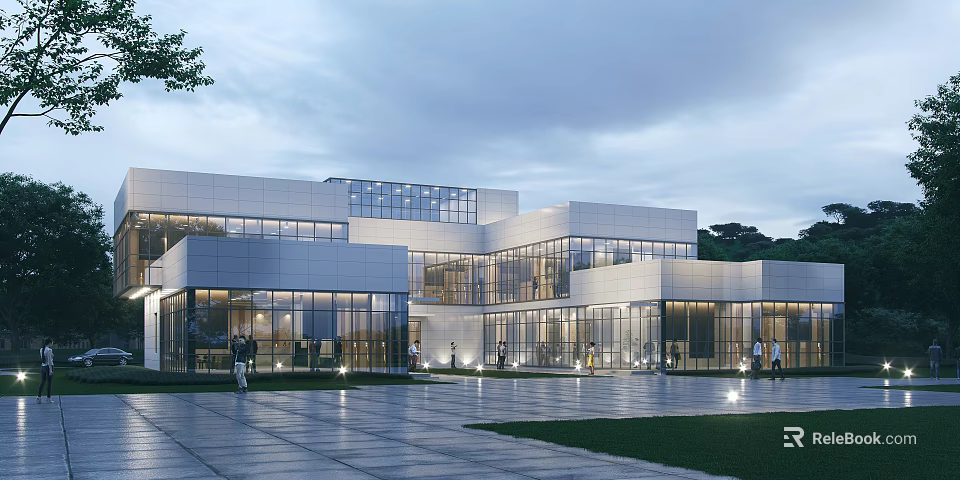 Modern White Office Building with Glass Curtain Walls Open Plaza and Surrounding Lighting 3d model 