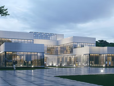 Modern White Office Building with Glass Curtain Walls Open Plaza and Surrounding Lighting 3d model