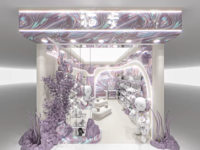 Purple Themed Specialty Store Interior With White Dolls Display Shelves And Decorative Plants 3d model