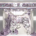 Purple Themed Specialty Store Interior With White Dolls Display Shelves And Decorative Plants