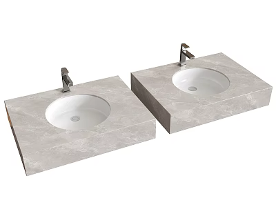 Double Bathroom Sink Basins In Grey Marble Countertop With Chrome Faucets Design 3d model