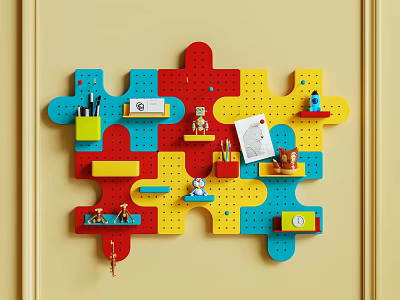 Puzzle Shaped Colorful Pegboard Shelf with Stationery Toys and Clock on Yellow Wall 3d model