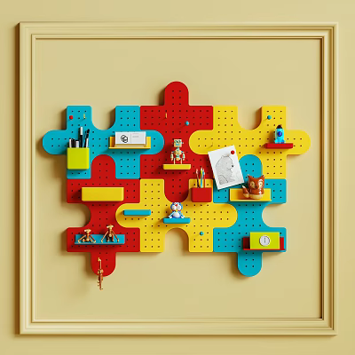 Puzzle Shaped Colorful Pegboard Shelf with Stationery Toys and Clock on Yellow Wall 3d model