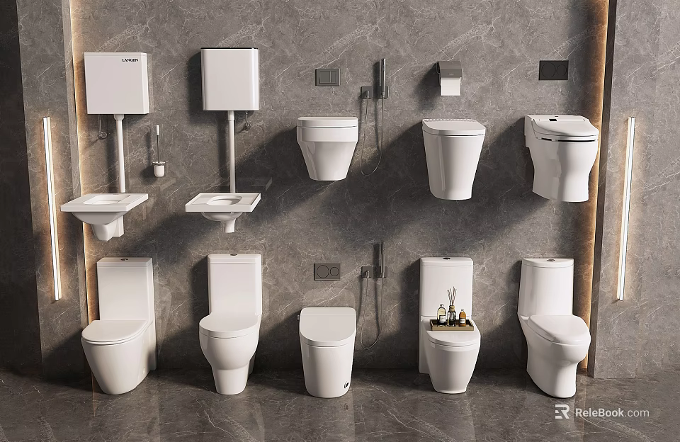 Various Modern Toilets Display in Bathroom with Sinks and Flush Systems 3d model