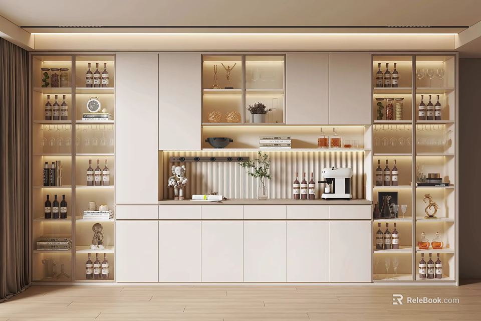 Modern Wine Cabinet With Glass Doors And Wine Bottles On Display Shelves 3d model 