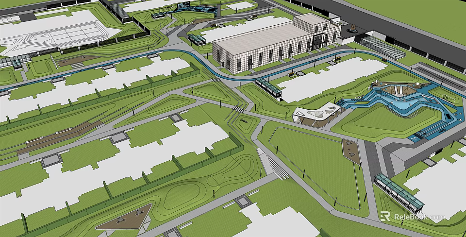 Modern Garden Landscape Design With Green Lawns Curved Pathways And Buildings 3d model 