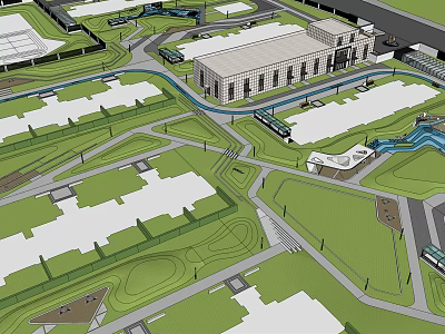 Modern Garden Landscape Design With Green Lawns Curved Pathways And Buildings 3d model