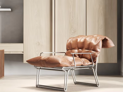 Modern Single Sofa With Brown Leather And Metal Frame In Contemporary Living Interior 3d model