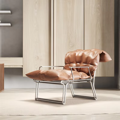 Modern Single Sofa With Brown Leather And Metal Frame In Contemporary Living Interior 3d model