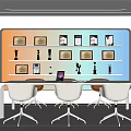 Modern Conference Room With White And Blue Checkerboard Wall Trophies Display Screen Tables And Chairs