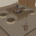 Natural Style Wooden Tea Table With Round Floor Cushions And Tea Set Vase Hanging Teapot