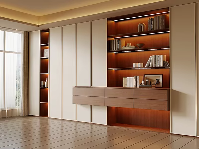 Modern Full Wall Built In Bookcase With Warm LED Lights And Multifunctional Home Storage Design 3d model