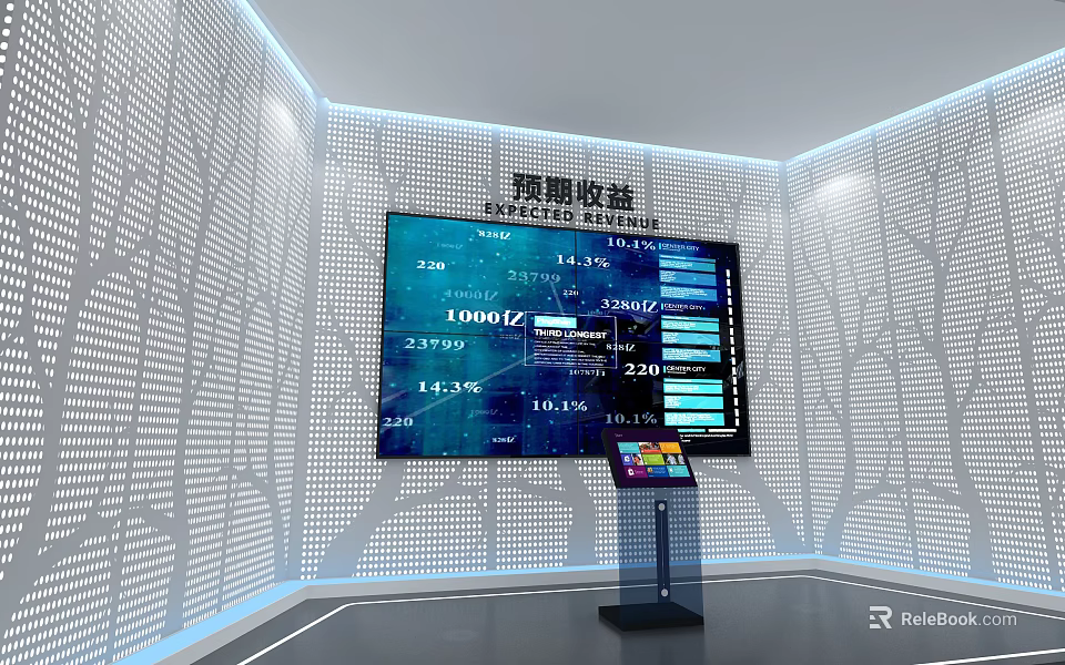 Computer Driven Large Screen Data Display System With Predicted Revenue Charts And Touch Console 3d model