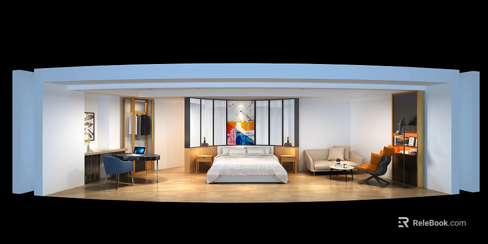 Modern Hotel Room Interior Design With King Bed Sofa Area Desk And Decorative Painting 3d model 