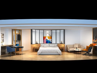 Modern Hotel Room Interior Design With King Bed Sofa Area Desk And Decorative Painting 3d model