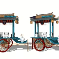 Traditional Chinese Vendor Carts With Green Body Red Wheels Roof Decorations And Lanterns