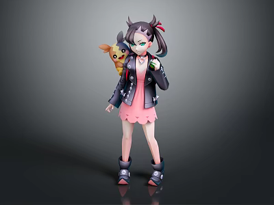 Black Haired Girl With Red Ribbon Holding Yellow Pikachu In Pink Dress And Boots 3d model