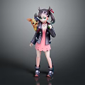 Black Haired Girl With Red Ribbon Holding Yellow Pikachu In Pink Dress And Boots