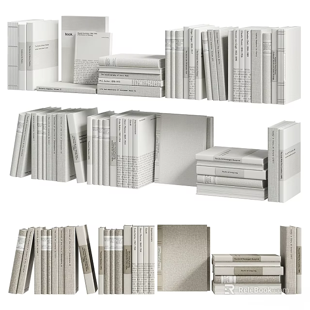 Various Books And Magazines Stacked On Shelf With Neutral Colors And Different Sizes 3d model 