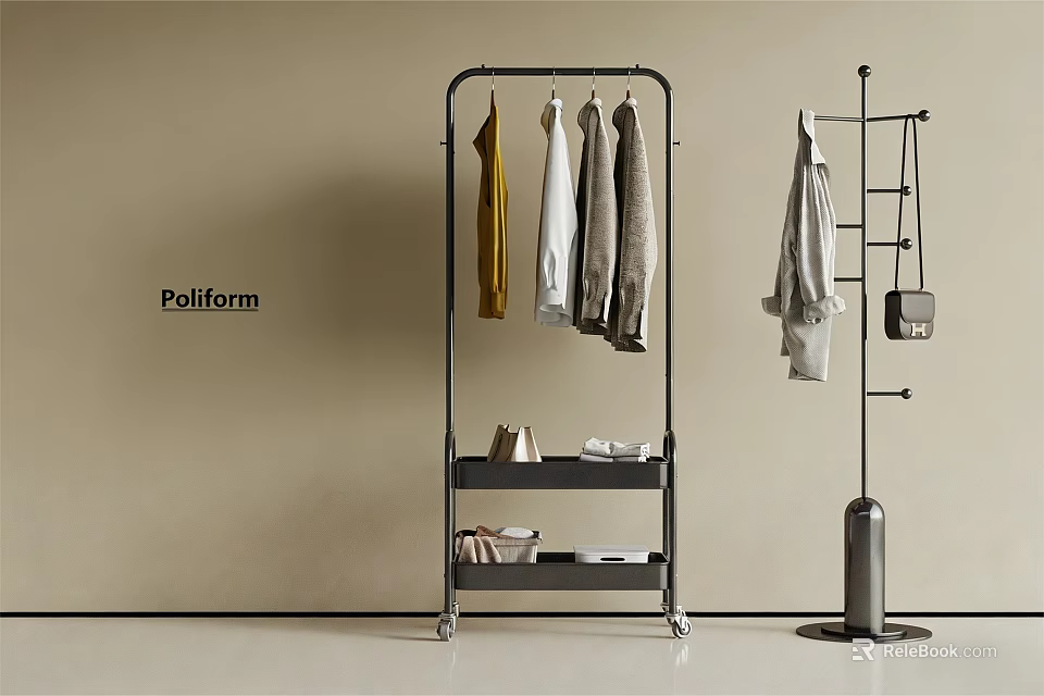 Modern Metal Clothes Racks with Hanging Clothes and Storage Shelves in Minimalist Interior 3d model 