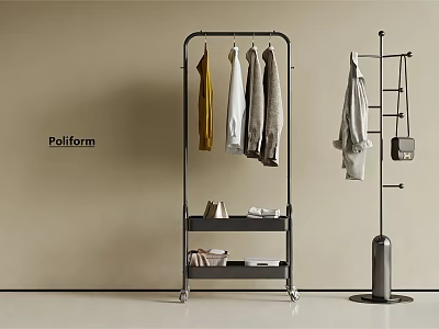 Modern Metal Clothes Racks with Hanging Clothes and Storage Shelves in Minimalist Interior 3d model