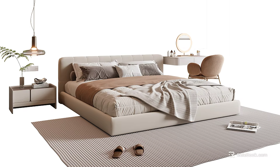 Modern Double Bed Interior Design With Soft Bedding Nightstand Chair And Cozy Rug 3d model 