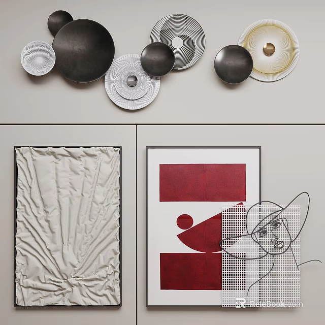Stylish Wall Decor Featuring Circular Artworks and Modern Paintings with Geometric Patterns 3d model