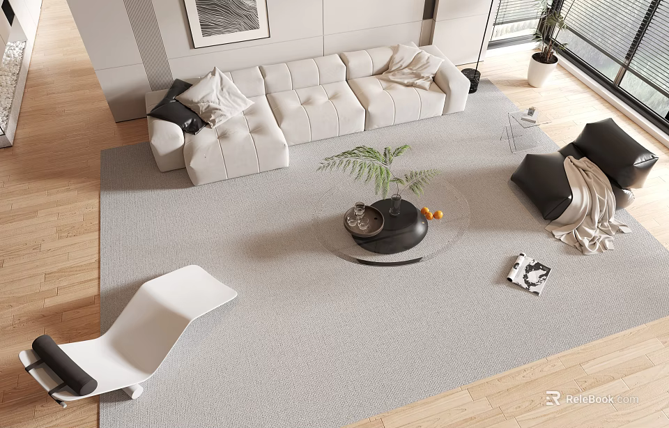 Modern Sofa Coffee Table Combination With Upholstered Sofa Black Table Potted Plant And Area Rug 3d model 