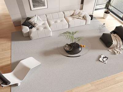 Modern Sofa Coffee Table Combination With Upholstered Sofa Black Table Potted Plant And Area Rug 3d model