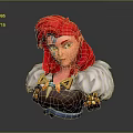 3D Fantasy Character Model With Red Hair Feather Shoulder Decor And Horn Accessories