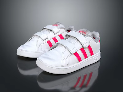 White Casual Shoes With Red Stripes And Velcro Straps For Kids Daily Wear 3d model