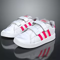 White Casual Shoes With Red Stripes And Velcro Straps For Kids Daily Wear