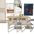 Minimalist Wooden Dining Table Set With Upholstered Chairs Decorative Wall Art And Wooden Screen
