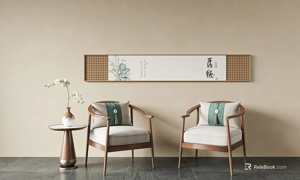 Chinese Style Leisure Sofa Set with Wooden Frame Green Cushions and Decorative Painting 3d model 