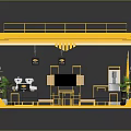 Yellow Exhibition Booth Interior With Shelves Brand Logo And Green Plants Display Space