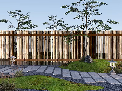 Serene Garden Stepping Stones Path With Bamboo Fence Small Pond And Stone Lanterns 3d model