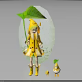 Girl Wearing Yellow Raincoat Holding Green Leaf Umbrella With Little Ducks And Small Leaf Decor