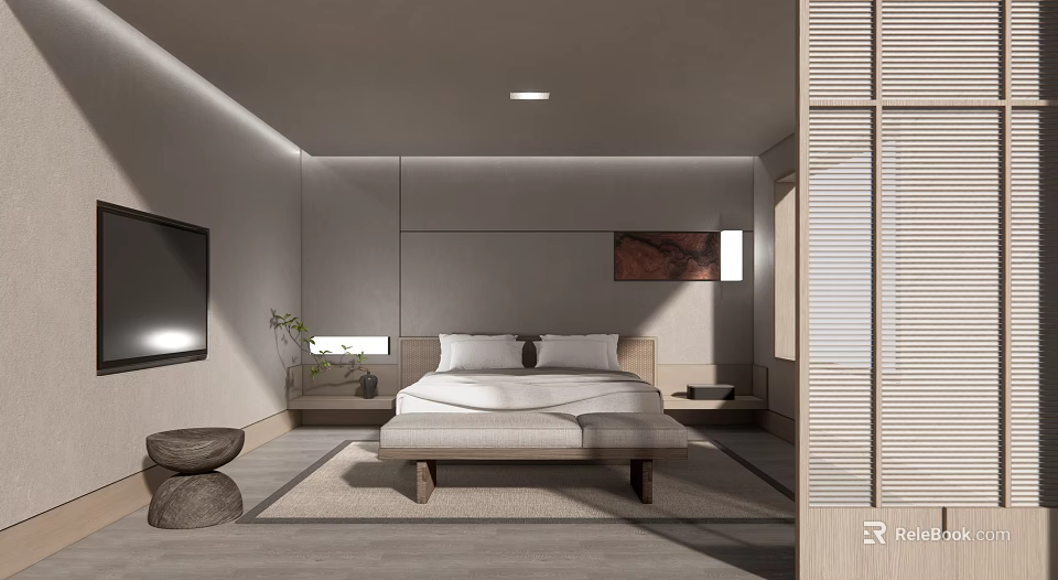 Minimalist Hotel Guest Room With Gray Walls Wall Art TV And Wooden Bench 3d model 