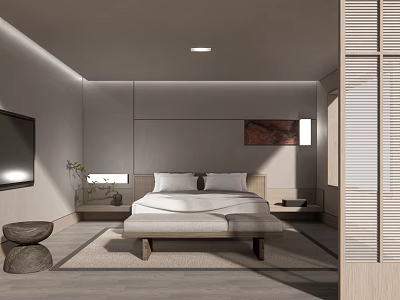 Minimalist Hotel Guest Room With Gray Walls Wall Art TV And Wooden Bench 3d model