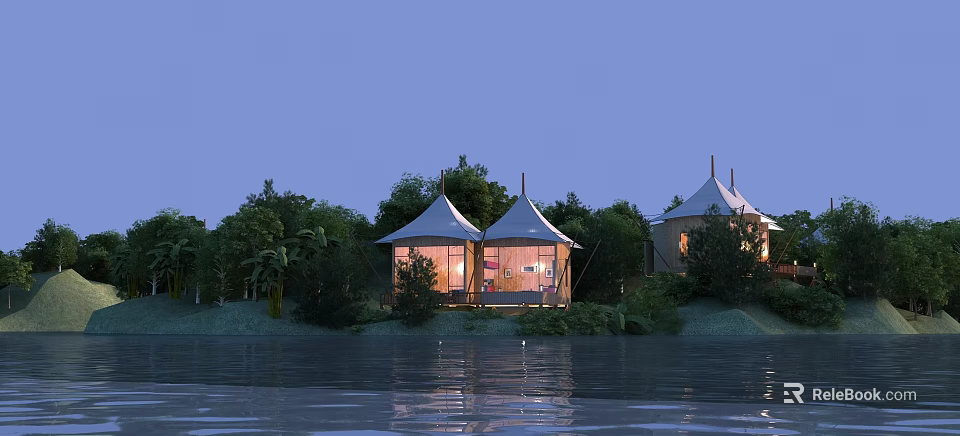 Stylish Hinged Doors in Lakeside Tents with Evening Lighting and Green Trees 3d model 