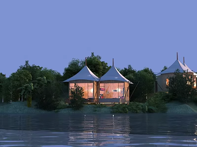 Stylish Hinged Doors in Lakeside Tents with Evening Lighting and Green Trees 3d model