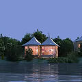 Stylish Hinged Doors in Lakeside Tents with Evening Lighting and Green Trees