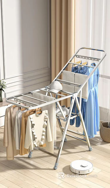 White Foldable Clothes Drying Rack With Hanging Clothes Towels And Shoes For Indoor Use 3d model 
