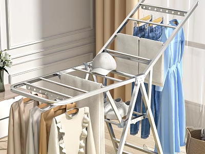 White Foldable Clothes Drying Rack With Hanging Clothes Towels And Shoes For Indoor Use 3d model