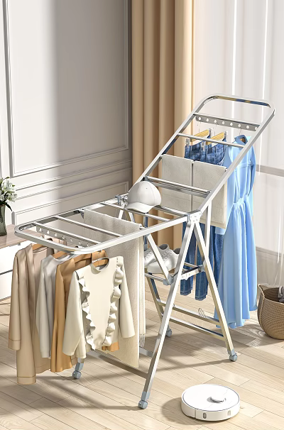 White Foldable Clothes Drying Rack With Hanging Clothes Towels And Shoes For Indoor Use 3d model