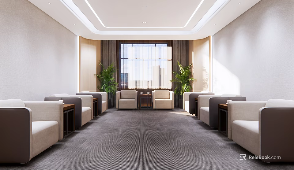 Modern Hotel Public Lounge Area With Comfortable Sofas Green Plants Large Windows And Plush Carpet 3d model 
