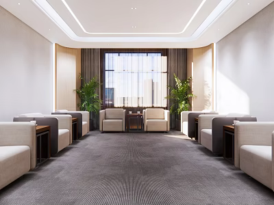 Modern Hotel Public Lounge Area With Comfortable Sofas Green Plants Large Windows And Plush Carpet 3d model