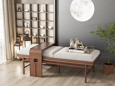 Traditional Chinese Wooden Massage Bed With Upholstered Cushion And Decor Including Bookshelf Lantern Potted Plant 3d model