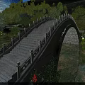 Stone Landscape Bridge With Steps And Railings Surrounded By Mountains Water And Trees At Sunset